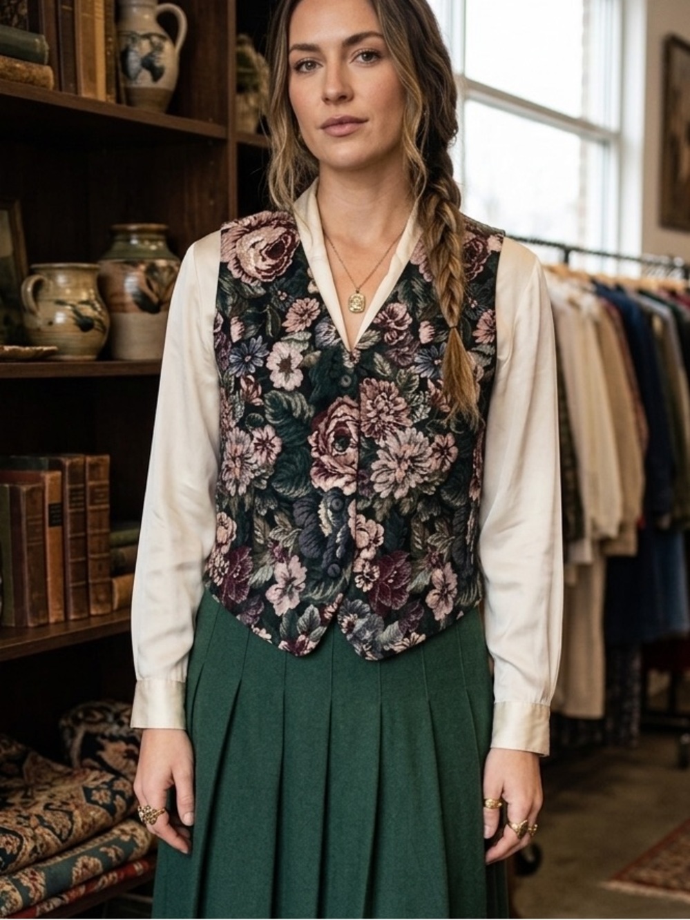 Separate Scene💐Vintage dark floral black tapestry button down vest